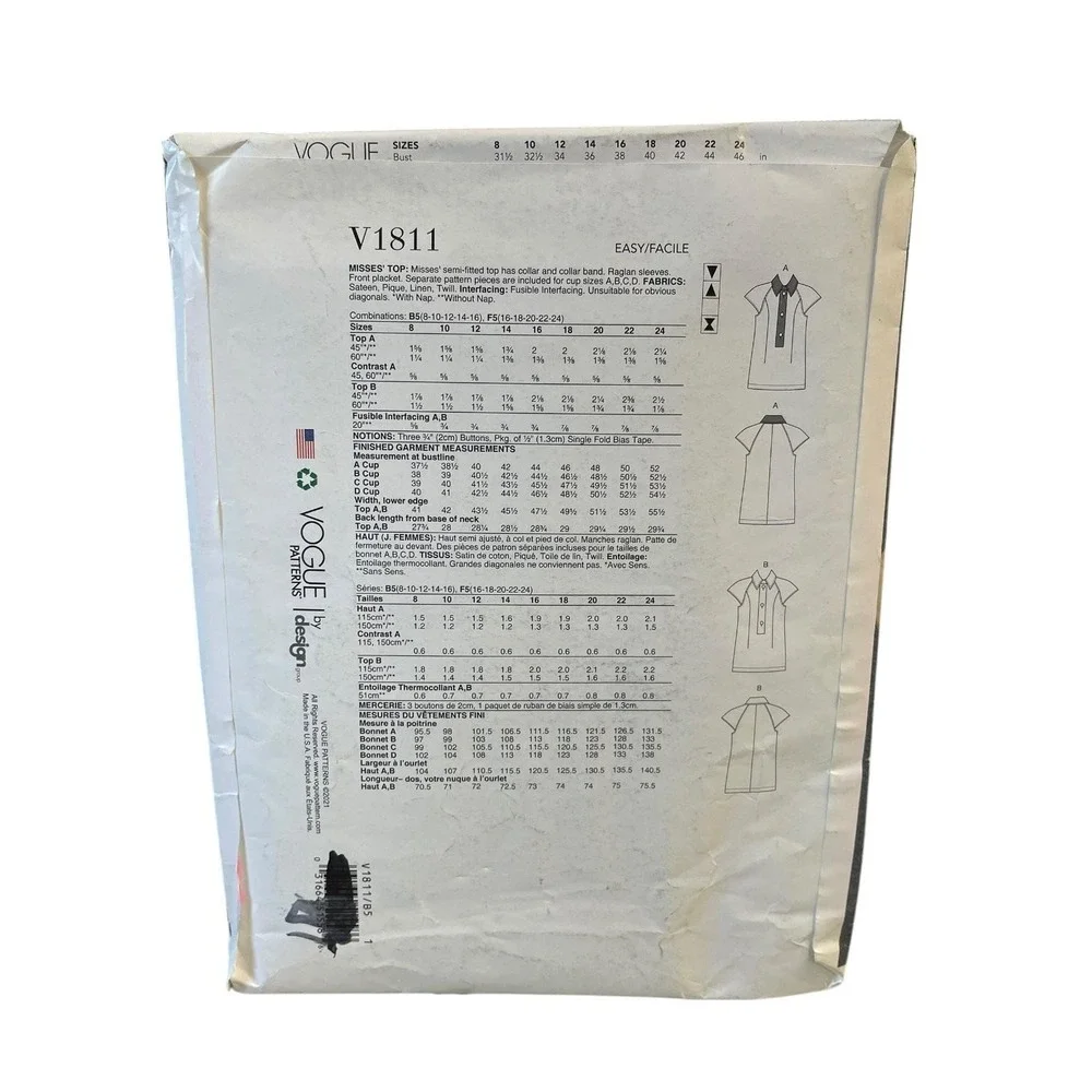 VOGUE PATTERNS V1811 Misses Top Blouse Sizes 8-16 Semi-Fitted Raglan‎ Sleeve